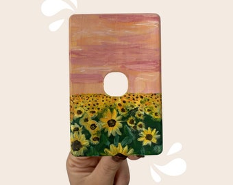 Light Switch Cover | Original Hand Painted | One of a Kind | Sunset Sunflower Field | Cottagecore Home Decor Interior Decoration Yellow Pink