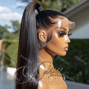 May include: A black human hair wig with a long, straight ponytail. The wig is styled with a middle part and has a lace front. The wig is on a mannequin head.