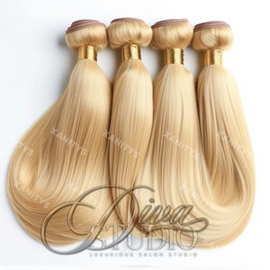 May include: Four bundles of blonde human hair extensions with gold wefts. The hair is straight and silky.