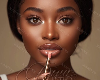 May include: A close-up of a person's face with a neutral expression. The person is applying a clear lip gloss with a gold applicator. The person's lips are full and pouty. The person has dark skin and dark hair. The background is a light brown colour. The text "Diva Studio" is visible in the lower right corner of the image.