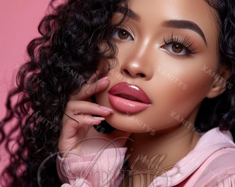 May include: A close-up of a woman's face with dark curly hair. She is wearing pink lipstick and has a pink background behind her. The text "Diva Studio" is visible on her pink shirt.