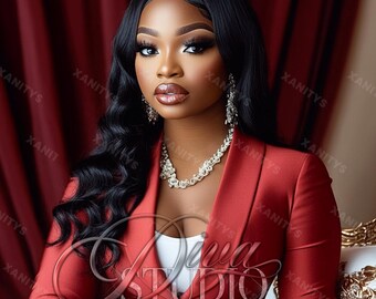 May include: A woman with long black hair and makeup is wearing a red blazer and a silver necklace. The text "Diva Studio Luxurious Salon Studio" is visible in the image.