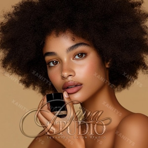 May include: A woman with dark brown curly hair is holding a small black bottle with a white label. The label says "Miss Sun" and has a sun graphic. The woman is wearing a white shirt and has a light brown background.