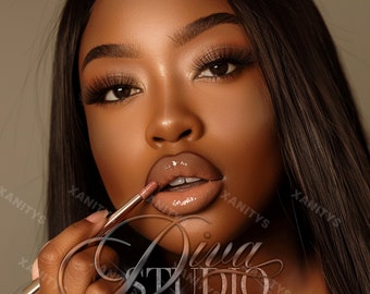 May include: A close-up of a person applying lip gloss. The person has dark skin and long black hair. The lip gloss is a clear, glossy colour. The text "Diva Studio" is visible in the lower part of the image. The text "Luxurious Salon Studio" is also visible below the logo.