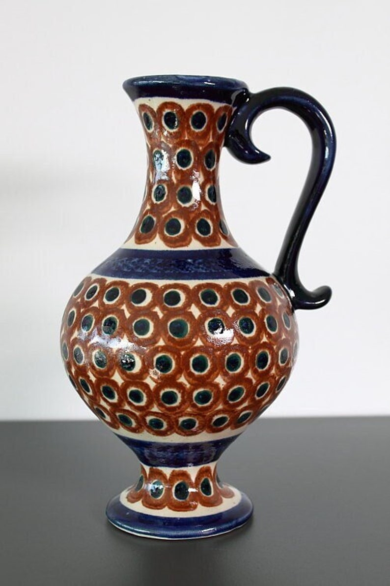 Vase / pichet véritable Bunzlau oeil de paon marron motif ancien image 1