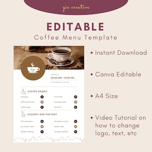 Modelo de Cardápio Editável para Cafeteria | Canva | Download Instantâneo