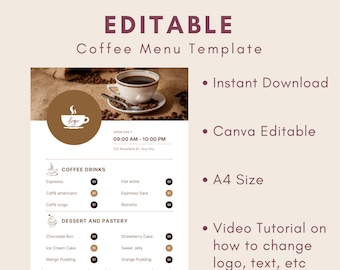 Modèle de menu de café modifiable | Toile | Téléchargement instantané