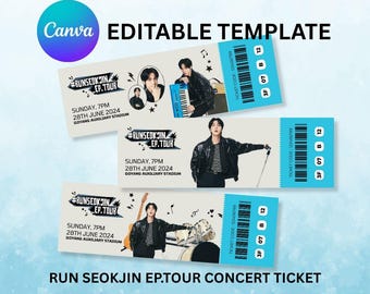 Modèle de billet de concert modifiable Run Seokjin ep.Tour | Téléchargement canevas | Fan art ARMY, cadeau personnalisé, souvenir K-Pop imprimable