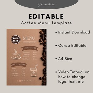 Modelo de menu de café editável - Download instantâneo, menu de café para impressão, modelo de lista de preços