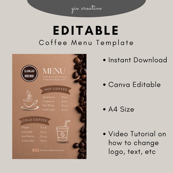 Editable Coffee Menu Template - Instant Download, Coffee Shop Cafe Menu Printable, Price List Template