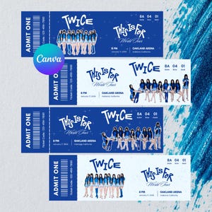 以下が含まれることがあります： 「TWICE」と「This Is For World Tour」の文字が入った青色のコンサートチケット。各チケットには、イベントの日時と場所が記載されています。チケットには、青い衣装を着た人々のグループが描かれています。