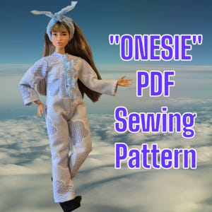 May include: A doll wearing a light gray onesie with blue accents and a matching headband. The text on the image reads "ONESIE" PDF Sewing Pattern. The doll is set against a backdrop of a cloudy sky.