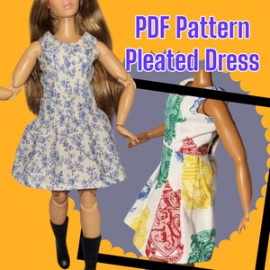 May include: PDF pattern for a pleated dress for a doll. The pattern includes instructions for making a dress with a floral print and a dress with a Hogwarts house print.
