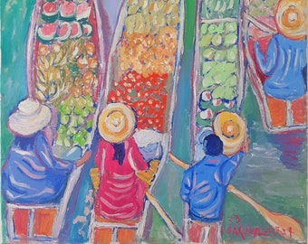 May include: A painting of a colorful market scene with people in boats selling fruit and vegetables. The boats are filled with vibrant colors and the people are wearing traditional clothing.