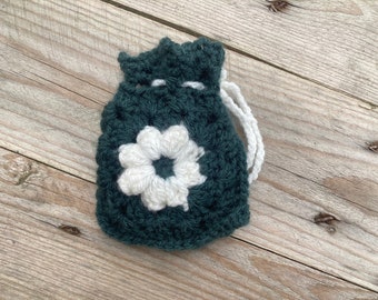 Green crochet purse, crochet granny square pouch, sunflower granny square pouch