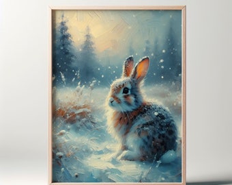 oil painting of a wild rabbit under the snow, digital wall art, vintage rural painting, printable image.(4K image, 300dpi)