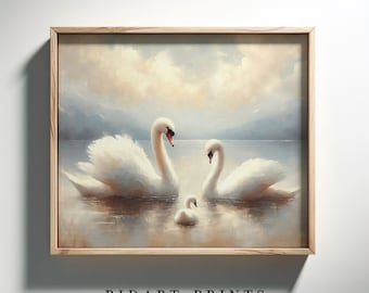 Pintura al oleo de una familia de cisnes, arte de pared digital, pintura rural vintage, imagen imprimible.(Imagen 4K, 300ppp)