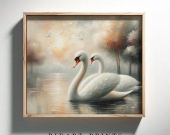 Pintura al óleo de una pareja de cisnes, arte de pared digital, pintura rural vintage, imagen imprimible. (Imagen 4K, 300ppp)