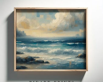 Pintura al oleo de un paisaje costero, arte de pared digital, imagen vintage, imagen imprimible.(Imagen 4K, 300ppp).