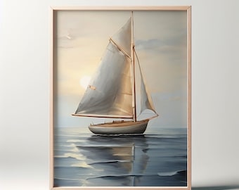 Pintura al oleo de un velero surcando la puesta de sol. (Imagen 4K, 300ppp).
