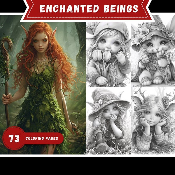 73 Enchanted Forest Elf Coloring Book Printable Woodland Creature Coloring Pages Grayscale Fantasy World Coloring Book for Adult and Kids