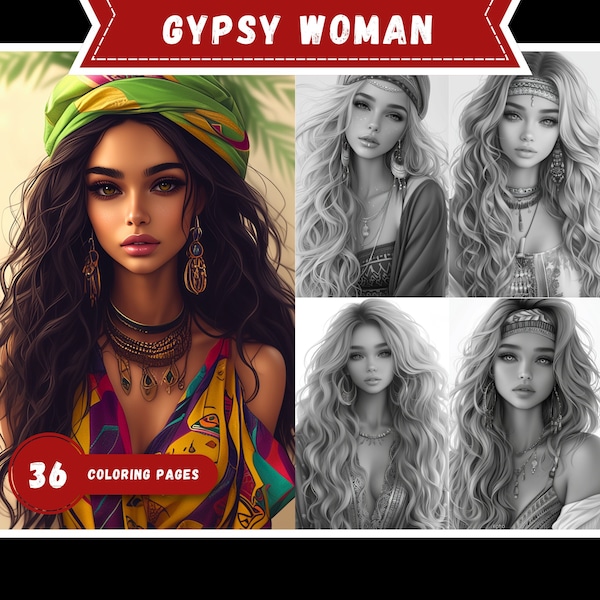 36 Gypsy Queen Coloring Book Printable Enchanting Wanderlust Coloring Pages Grayscale Bohemian Girl for Adults and Kids