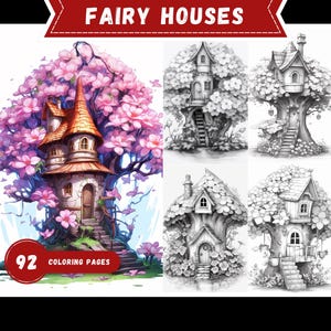 Blooming Fairy Homes Coloring Book Printable Enchanted Coloring Pages Grayscale Floral Fairy Houses Coloring Book for Adults and Kids