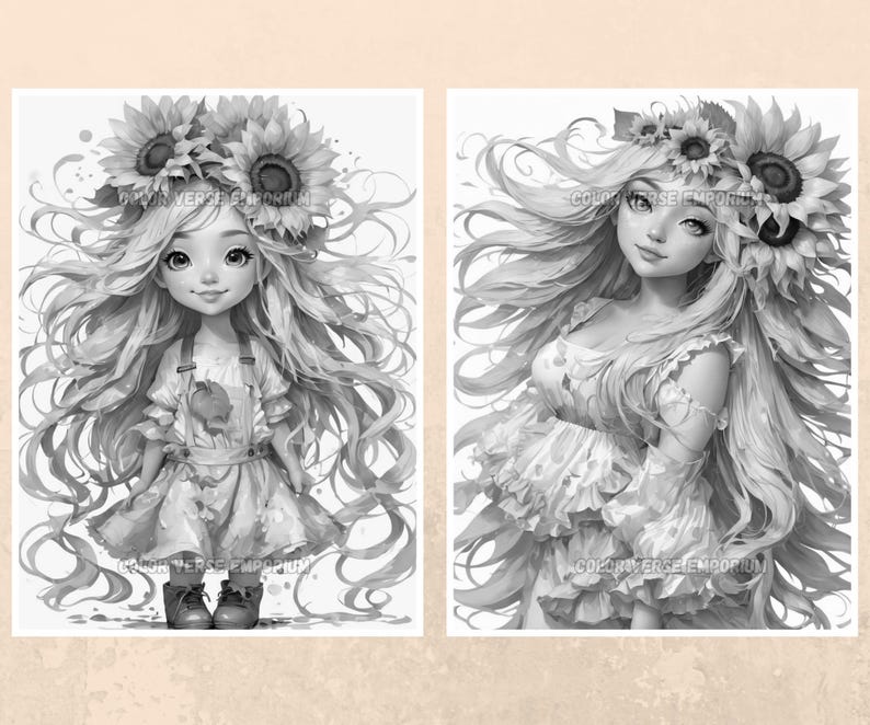 Sunflower Girl Coloring Pages: Grayscale Summer Princess (PDF Download ...