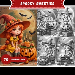 Puede incluir: Ilustración digital de páginas para colorear con temática de Halloween. La imagen muestra una joven bruja con cabello rojo y un sombrero naranja, sentada junto a una calabaza tallada. El texto "Spooky Sweeties" y "70 Coloring Pages" son visibles.