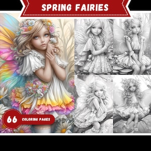 Op de afbeelding: Een kleurboek met vier illustraties van feeën met vleugels. De feeën dragen jurken en hebben bloemen in hun haar. Het boek heeft 66 kleurplaten en de titel "Spring Fairies" staat bovenaan de omslag.