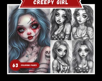 Gothic Girl Grayscale Coloring Pages: Creepy Kawaii Witch Art (Instant PDF)
