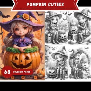 Könnte beinhalten: Ein digitales Malbuch mit dem Titel "Pumpkin Cuties" mit Illustrationen junger Mädchen mit Hexenhüten und Kürbissen. Das Cover zeigt ein Mädchen mit einem lila Hexenhut, das in einem geschnitzten Kürbis sitzt. Enthält 60 Malvorlagen.