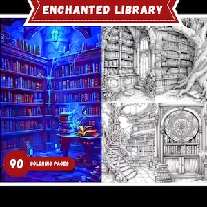 Verzauberte Bibliothek Malbuch: Magische Schriftrollen, Graustufen (PDF Download A4/US Letter)