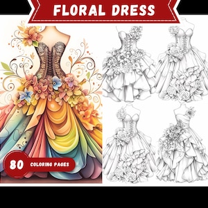 Elegant Floral Dress Coloring Book Printable Victorian Fashion Coloring Pages Grayscale Enchanted Flowers Coloring for Adults and Kids