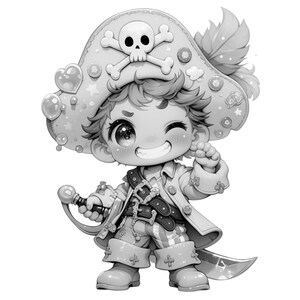 May include: A grayscale illustration of a cartoon pirate character. The pirate wears a hat with a skull and crossbones, a jacket, and striped pants. He holds a sword and winks, giving a friendly gesture. The image has a cute, whimsical style.