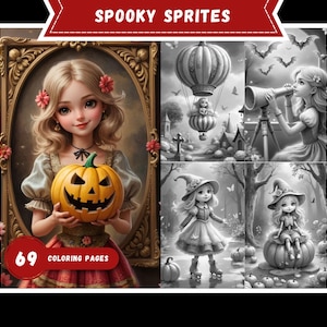 Könnte beinhalten: Ein digitaler Kunstdruck mit dem Titel "Spooky Sprites" mit Illustrationen zum Thema Halloween. Die Bilder zeigen ein Mädchen, das einen geschnitzten Kürbis hält, Szenen mit Fledermäusen und Hexen. Der Druck enthält 69 Ausmalbilder.