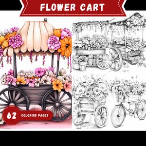 Vintage Garten Wagon Malvorlagen: Rustikale Blumenwagen Kunst, ländliche Gartenszene, Malbuch für Erwachsene, Schubkarre Zeichnung