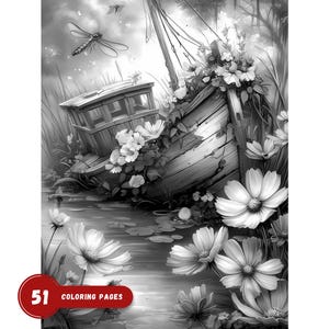 May include: Black and white illustration of a boat overgrown with flowers, set in a tranquil pond. A dragonfly hovers above the boat. The image includes the text "51 Coloring Pages" in a red and white banner.