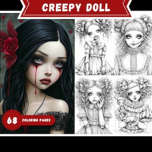 Niedliches Gruseliges Puppen Malbuch Printable Spooky Horror Puppen Malseiten Graustufen Gothic Puppen Malbuch für Erwachsene und Kinder PDF