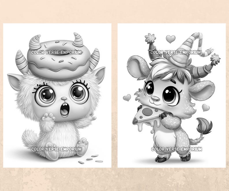 Kawaii Food Monster Coloring Pages Bundle Cute Creatures Digital ...