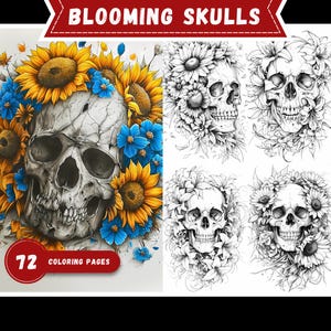 Blooming Skulls Coloring Book Printable Floral Skeleton Coloring Pages Grayscale Flowers Skull Coloring Book for Adults and Kids