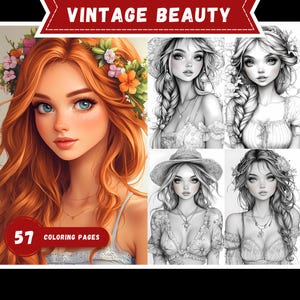Boho Chic Coloring Pages, Printable Vintage Beauty Coloring Book - Grayscale Feminine Portraits Coloring Sheets for Adults and Kids PDF