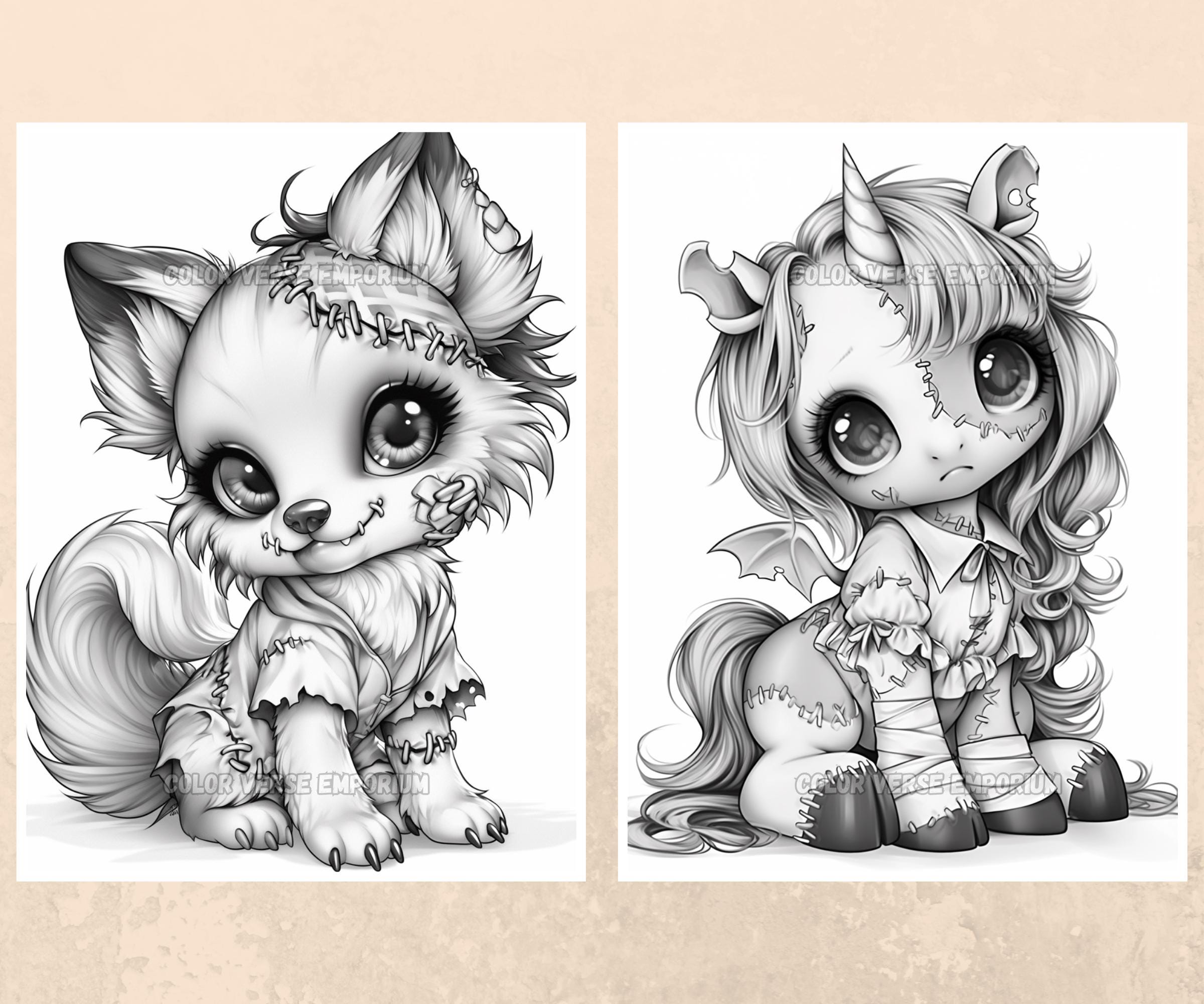 Sweet Zombie Animals Coloring Pages: Spooky Grayscale Monsters (PDF) - Etsy, image size:2400x2000