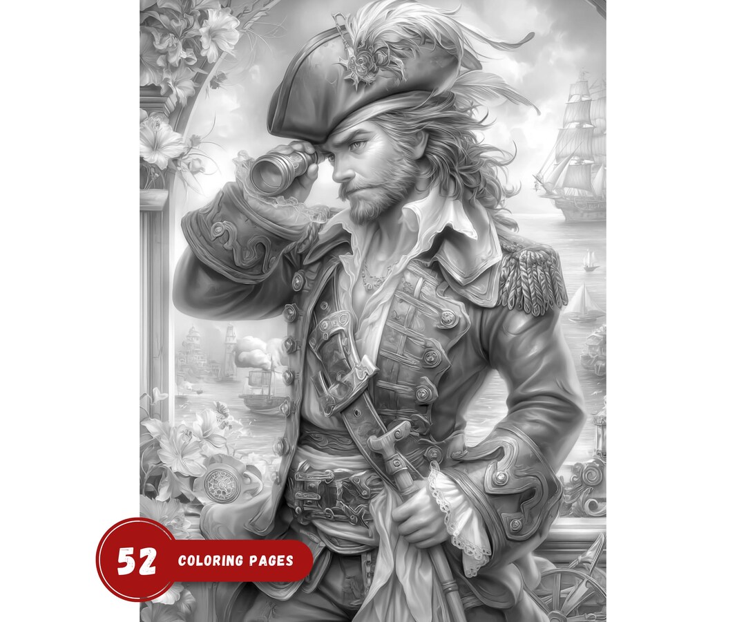 Epic Pirate Saga Coloring Book Nautical Adventure Grayscale Captain ...