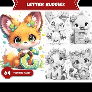 Páginas para colorear en escala de grises de animales del alfabeto kawaii, aprendizaje del ABC, corona de flores, criaturas, descarga digital en PDF, arte educativo, actividad para niños