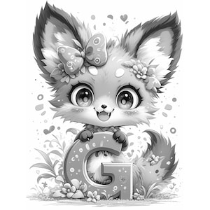 Colección de libros para colorear en escala de grises con animales del alfabeto kawaii - Recursos educativos de aprendizaje del ABC Corona de flores Criaturas Práctica de fonética para niños