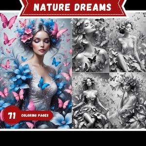 Kolorowanki Butterfly Dreams, kolorowanka Fantasy Woman do druku - Grayscale Magic Nature Coloring Sheets dla dorosłych i dzieci PDF