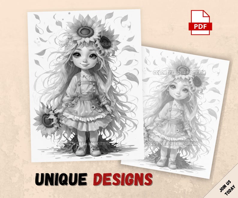 Sunflower Girl Coloring Pages: Grayscale Summer Princess (PDF Download ...