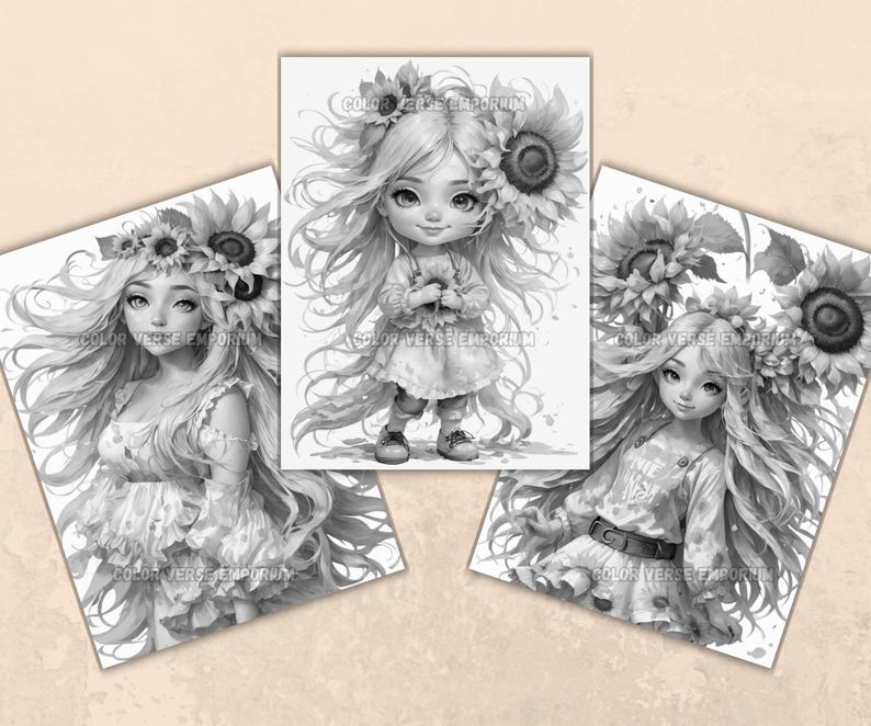Sunflower Girl Coloring Pages: Grayscale Summer Princess (PDF Download ...