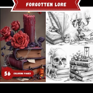 Puede incluir: Impresión de arte digital con páginas para colorear de temática gótica. La imagen incluye una pila de libros, una vela encendida, rosas y una calavera. Se muestra el texto "FORGOTTEN LORE" y "56 COLORING PAGES".
